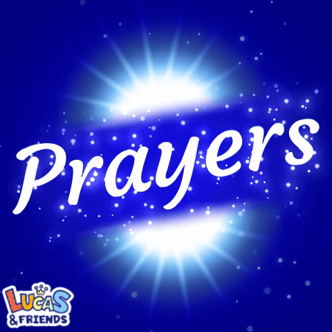 A Blue Background With The Word Prayers In White GIF