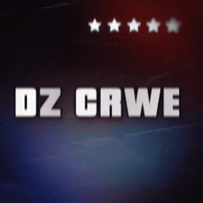 a blue background with the words dz crwe in white letters