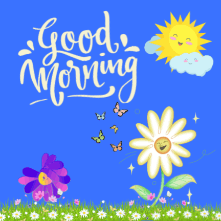A Blue Background With The Words Good Morning Written On It GIF