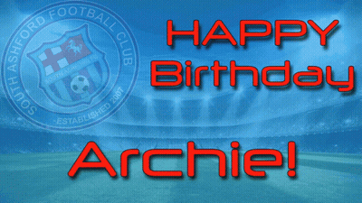 A Blue Background With The Words Happy Birthday Archie GIF
