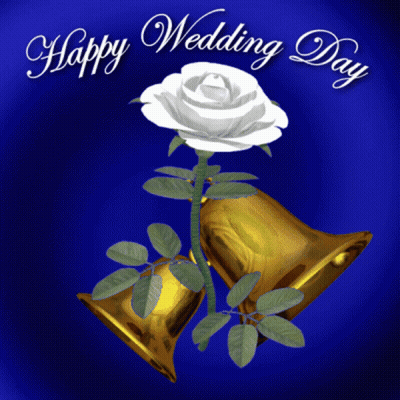 A Blue Background With The Words Happy Wedding Day And A White Rose GIF