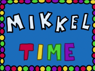 A Blue Background With The Words Mikkel Time Written On It GIF