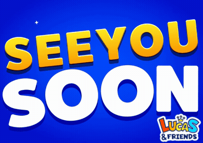 A Blue Background With The Words See You Soon Written In Yellow Letters GIF