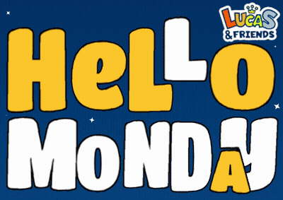 A Blue Background With Yellow And White Letters That Read Hello Monday GIF
