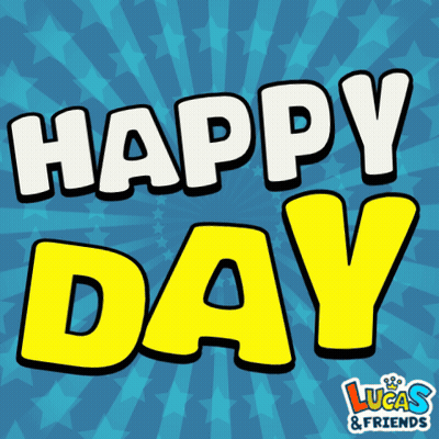 A Blue Background With Yellow Letters That Read Happy Day GIF