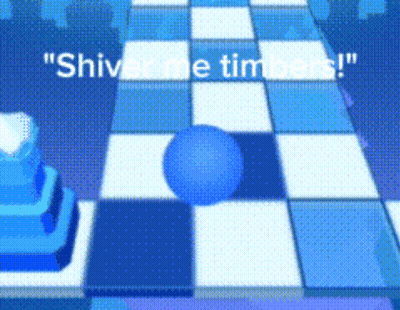 A Blue Ball Is On A Blue And White Checkered Floor With The Words " Shiver Me Timbers " Above It GIF