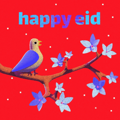 A Blue Bird Is Sitting On A Branch With The Words Happy Eid Written Above It GIF