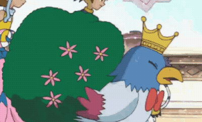 A Blue Bird With A Crown On Its Head Is Sitting On A Person 'S Back In A Cartoon . GIF