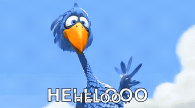 A Blue Bird With An Orange Beak Is Standing In Front Of A Blue Sky With The Words " Hehelooo " On It GIF