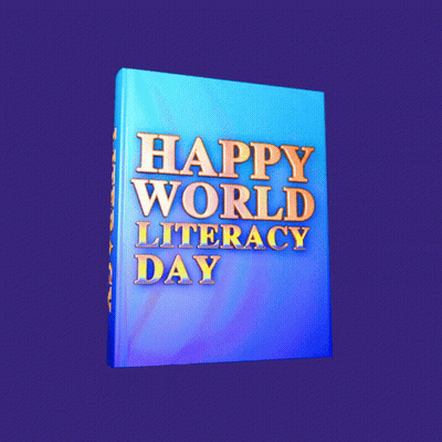 A Blue Book Says Happy World Literacy Day GIF