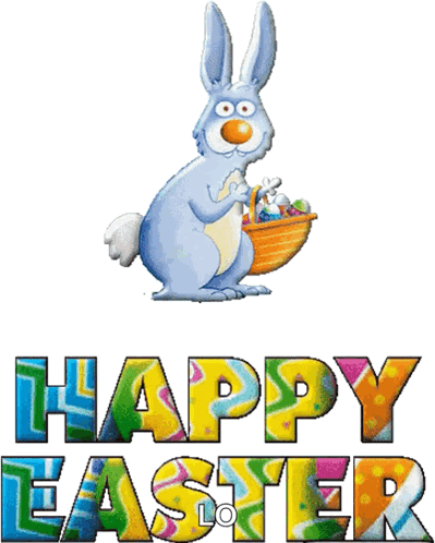 A Blue Bunny Holding A Basket Of Easter Eggs With The Words Happy Easter Written Below It GIF