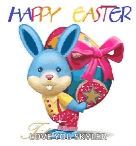A Blue Bunny Is Holding A Pink Easter Egg With A Bow On It . GIF
