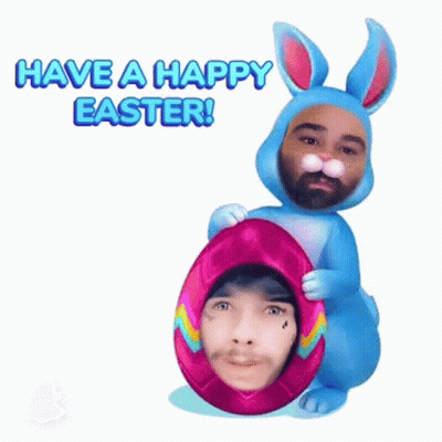 A Blue Bunny Is Holding A Pink Egg With A Man 'S Face In It GIF