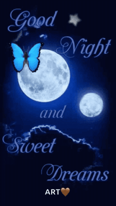 A Blue Butterfly Is Flying In Front Of A Full Moon With The Words Good Night And Sweet Dreams GIF