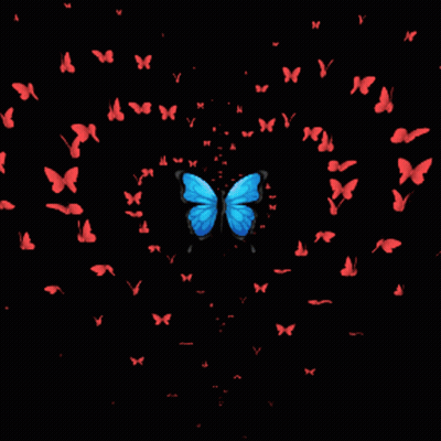 A Blue Butterfly Is Surrounded By Red Butterflies With The Letter H On The Bottom GIF
