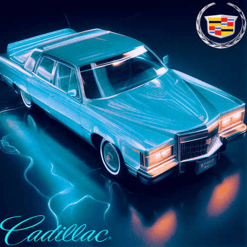 A Blue Cadillac With The Word Cadillac Written On The Bottom GIF