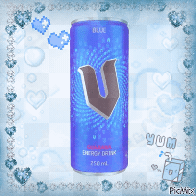 A Blue Can Of V Energy Drink Surrounded By Hearts And Diamonds GIF