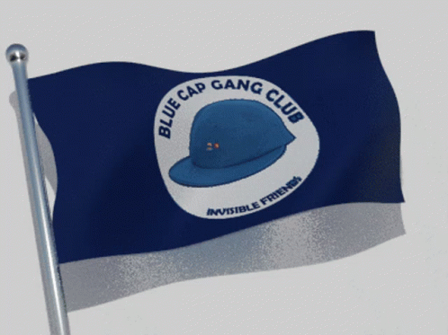 A Blue Cap Gang Club Flag With A Blue Hat On It GIF