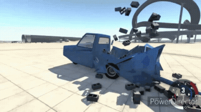 A Blue Car Is Being Destroyed In A Video Game With Power Director At The Bottom Of The Screen GIF