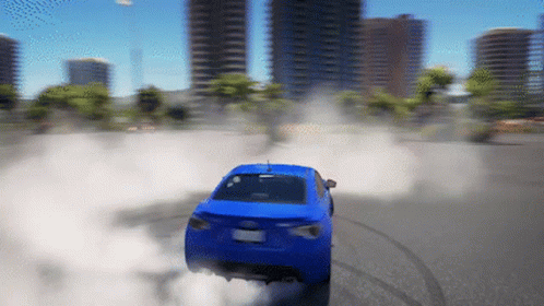 A Blue Car Is Drifting On A City Street With Smoke Coming Out Of The Exhaust Pipe GIF