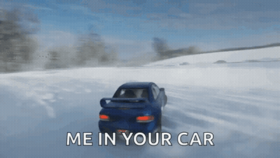 A Blue Car Is Driving Through The Snow With The Words Me In Your Car GIF