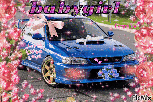 A Blue Car With A Pink Bow And The Words Babygirl GIF