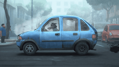 A Blue Car With A Wolf In The Driver 'S Seat Is Driving Down A Street GIF