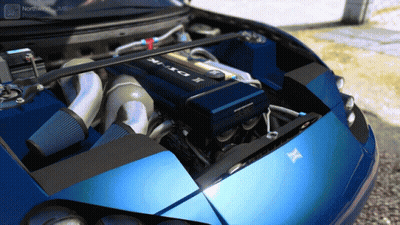 A Blue Car With The Hood Open Has A Sticker On The Hood That Says ' Northern California ' GIF