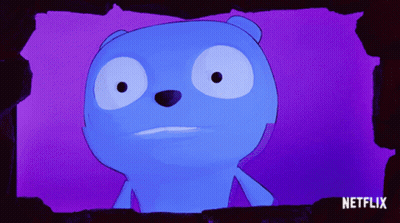 a blue cartoon bear is on a purple background with netflix written in the corner