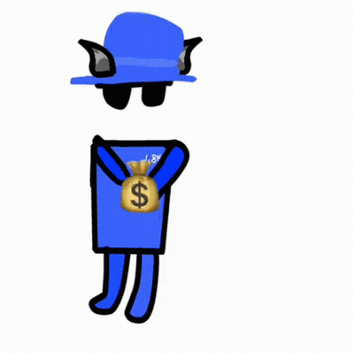A Blue Cartoon Character Holding A Bag Of Money And A Dollar Bill GIF