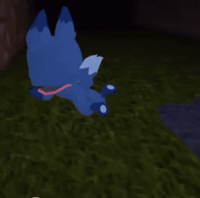 A Blue Cartoon Character Is Falling Down A Wooden Staircase . GIF