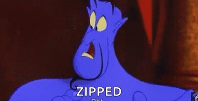 A Blue Cartoon Character Is Holding A Zipper In His Mouth And Saying `` Zipped '' . GIF