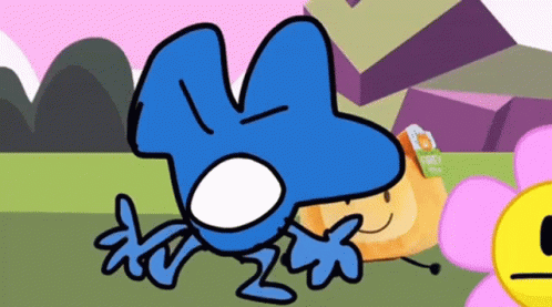 A Blue Cartoon Character Is Laying Down Next To A Pink Flower . GIF