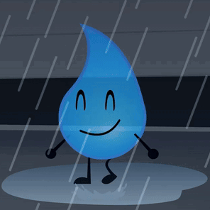 A Blue Cartoon Character Is Standing In The Rain With A Smile On Its Face GIF