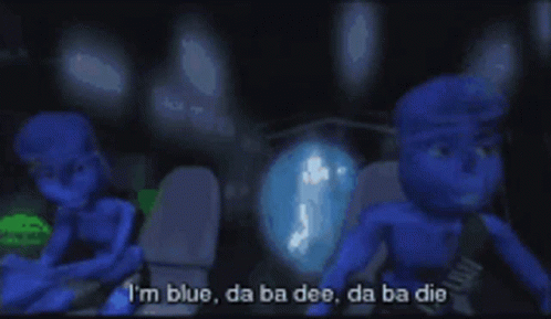 A Blue Cartoon Character Says " I 'M Blue " In A Dark Room GIF