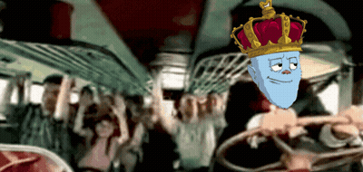A Blue Cartoon Character Wearing A Crown Is Driving A Car GIF