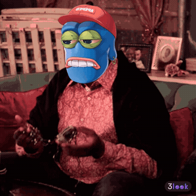 A Blue Cartoon Character Wearing A Red Hat That Says Eternal GIF