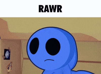 A Blue Cartoon Character With Black Eyes And The Word Rawr Below It GIF