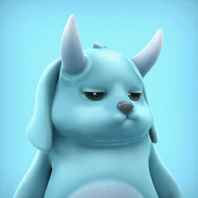 A Blue Cartoon Character With Horns And A Sad Look On Its Face GIF