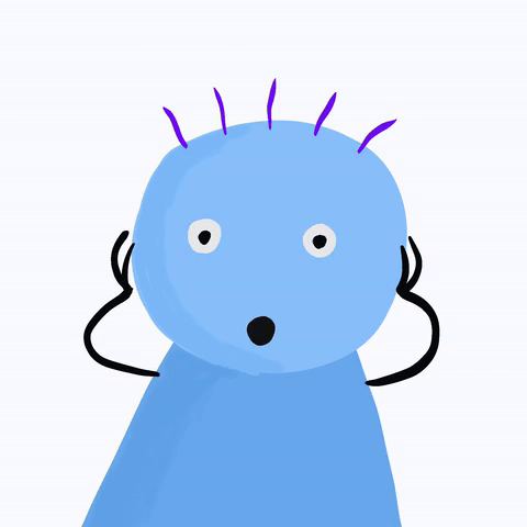 A Blue Cartoon Character With Purple Spikes On His Head And A Surprised Look On His Face GIF