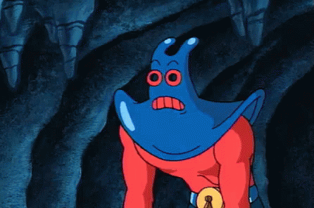 A Blue Cartoon Character With Red Eyes And A Red Shirt GIF