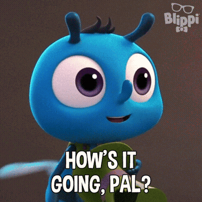 A Blue Cartoon Character With The Words How 'S It Going Pal GIF
