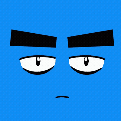 A Blue Cartoon Face With Black Eyebrows And A Sad Expression GIF