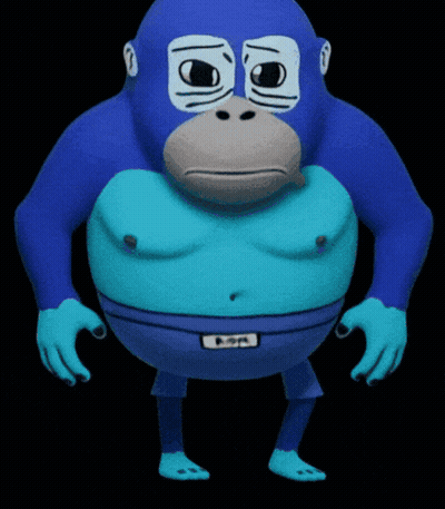 A Blue Cartoon Monkey With A Pop Logo On His Shorts GIF