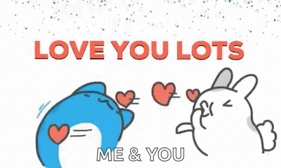 A Blue Cat And A White Rabbit Are Holding Hearts In Their Mouths . GIF
