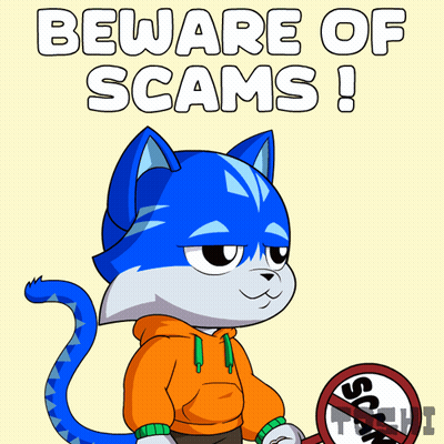 A Blue Cat Is Holding A Sign That Says No Scam GIF