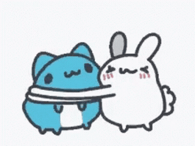 A Blue Cat Is Hugging A White Rabbit . GIF