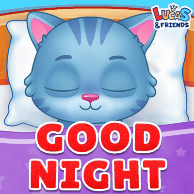 A Blue Cat Is Sleeping In A Bed With The Words " Good Night " Below It GIF