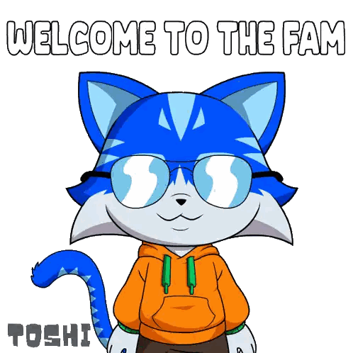 A Blue Cat Wearing Glasses And An Orange Hoodie Says Welcome To The Family Sticker