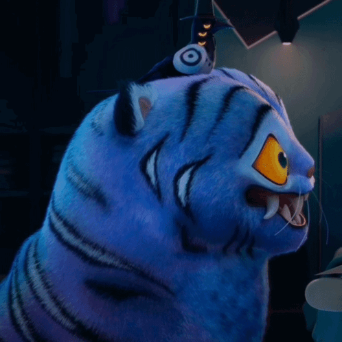 A Blue Cat With A Bird On Top Of It GIF